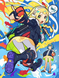 2girls alternate_costume blonde_hair cosplay creatures_(company) game_freak green_eyes highres kasane_teto kinocopro lana_(pokemon) lillie_(pokemon) multiple_girls nintendo pokemon pokemon_sm project_voltage rival_teto_(project_voltage) utau vocaloid