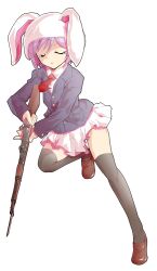 1girl alphes_(style) animal_hood arisaka bayonet blazer bolt_action business_suit closed_eyes collared_shirt commentary_request dairi formal_clothes full_body gun hood jacket large_variant_set loafers miniskirt necktie parody parted_lips purple_hair rabbit_hood reisen_(touhou_bougetsushou) rifle running shirt shoes short_hair skirt solo style_parody suit tachi-e tears thighhighs touhou transparent_background variant_set weapon