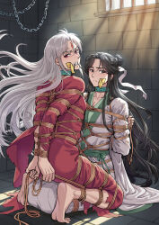 2boys anger_vein arms_behind_back barefoot bdsm black_hair bondage bound bound_arms bound_legs bound_together bound_torso chain chinese_clothes collar frogtie gag hanfu highres holding holding_rope improvised_gag indoors kneeling long_hair looking_back mouth_hold multiple_boys original prison root001 rope tape tape_gag torn_clothes unworn_gag very_long_hair white_hair
