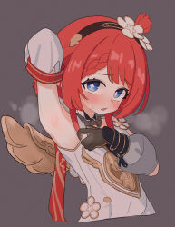 +_+ arm_up armpit_crease armpits blue_eyes blush braid braided_bangs detached_sleeves female_focus flower hair_flower hair_ornament headband honkai:_star_rail honkai_(series) loli looking_at_viewer porty_ramram red_hair solo solo_focus steam steaming_body sweat sweatdrop tribbie_(honkai:_star_rail) wings