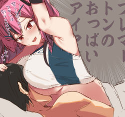 1boy 1girl :d arito_arayuru arm_up armpits azur_lane bare_shoulders between_breasts black_hair blanket blush breast_smother breasts bremerton_(azur_lane) bremerton_(scorching-hot_training)_(azur_lane) clothed_female_nude_male commander_(azur_lane) commentary_request crop_top crop_top_overhang emphasis_lines face_to_breasts girl_on_top grey_background hair_between_eyes hair_ornament hairclip hand_on_another&#039;s_head head_between_breasts large_breasts long_hair looking_at_another midriff mole mole_under_eye multicolored_hair nude open_mouth pillow pink_eyes pink_hair shirt short_hair sidelocks simple_background sketch sleeveless sleeveless_shirt smile smother sportswear streaked_hair sweatdrop tennis_uniform translation_request twintails two-tone_hair two-tone_shirt upper_body wristband