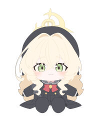 1girl :3 absurdres black_hat black_shirt black_skirt blonde_hair blue_archive blush bow bowtie chibi chibi_only closed_mouth commentary full_body green_eyes hair_between_eyes halo hat highres honi_(honi1010) long_hair long_sleeves looking_at_viewer outstretched_arms professor_niyaniya_(blue_archive) red_bow red_bowtie shirt simple_background sitting skirt solo symbol-only_commentary very_long_hair white_background yellow_halo