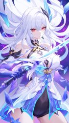 Rule 34 | 1girl, absurdres, black unitard, breasts, closed mouth, collarbone, commentary, covered navel, cowboy shot, dress, floating hair, genshin impact, hair ornament, highres, holding, holding sword, holding weapon, large breasts, long hair, looking at viewer, minzu u, purple hands, red eyes, skirk (genshin impact), solo, star (sky), sword, weapon, white dress, white hair