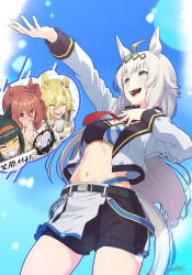 4girls ahoge animal_ears artist_name bandeau black_bandeau black_hair black_shorts blonde_hair blue_bandeau blue_eyes blue_sky bob_cut bow breasts brown_eyes brown_hair character_doll closed_eyes cloud cloudy_sky commentary cowboy_shot day doll domino_mask ear_bow ear_ornament grey_hair grey_skirt grin hair_ornament hairband half-skirt hand_fan hand_on_own_chest hand_to_own_mouth highleg highres holding holding_doll holding_fan holding_notebook horse_ears horse_girl horse_tail idol inset jacket long_hair long_sleeves masaki_shino mask medium_breasts medium_hair midriff miniskirt multicolored_bandeau multiple_girls navel notebook official_alternate_costume oguri_cap_(umamusume) open_clothes open_jacket open_mouth outdoors paper_fan reaching red_bow red_hairband sharp_teeth short_hair short_shorts shorts signature skirt sky smile speech_bubble standing tail tearing_up teeth umamusume umamusume:_cinderella_gray white_jacket