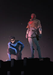 2boys batman_(series) black_bodysuit black_footwear black_gloves black_hair blue_bodysuit bodysuit brothers brown_jacket dc_comics dick_grayson domino_mask full_body gloves grey_bodysuit gun holster jacket jason_todd jjmk-jjmk male_focus mask multiple_boys muscular muscular_male nightwing open_clothes pants red_hood_(dc) red_mask short_hair siblings simple_background superhero_costume thigh_holster two-tone_bodysuit weapon