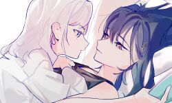 2girls bare_shoulders black_hair black_tank_top blue_eyes ceras_yanagida_lilienfeld ceras_yanagida_lilienfeld_(summer_loungewear) closed_mouth commentary edel_note eye_contact hair_ornament hair_ribbon holding holding_phone jacket katsuragi_izumi katsuragi_izumi_(summer_loungewear) link!_like!_love_live! long_hair long_sleeves looking_at_another love_live! lying multiple_girls on_back on_bed phone pink_ribbon pipi_(m1x_mix) profile red_eyes ribbon sidelocks simple_background tank_top triangle_hair_ornament virtual_youtuber white_background white_hair white_jacket yuri