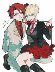 1boy 1girl arms_behind_back beatrice_(umineko) black_boots black_necktie blonde_hair blue_eyes boots bright_pupils clenched_teeth dated finsuess formal_clothes hashtag-only_commentary highres holding holding_leash leash looking_at_viewer necktie open_mouth pet_play red_hair red_shirt red_skirt shirt short_hair skirt smile suit teeth umineko_no_naku_koro_ni ushiromiya_battler white_background white_pupils white_suit