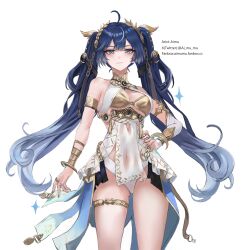 1girl ahoge aimu_(angry9565) ancient_greek_clothes armlet artist_name bare_shoulders blue_eyes blue_hair breasts closed_mouth commentary cowboy_shot fingernails gold_bra greco-roman_clothes hair_belt hair_ornament hand_on_own_hip head_wreath highres iuno_(wuthering_waves) jewelry long_hair looking_at_viewer medium_breasts nail_polish purple_nails simple_background solo thighs twintails very_long_hair white_background wuthering_waves