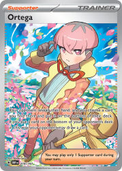 1boy artist_name blue_shirt blue_sky blush bowl_cut cane card_(medium) character_name closed_mouth cloud company_name copyright_name copyright_notice day english_text eyelashes flower gloves grey_gloves grey_socks holding holding_cane holding_own_hair jacket leaf long_sleeves male_focus neck_ribbon nintendo official_art open_clothes open_jacket ortega_(pokemon) outdoors pants pink_eyes pink_hair pink_jacket pink_pants pink_petals poke_ball_theme pokemon pokemon_card pokemon_sv pokemon_tcg purple_petals red_ribbon ribbon saitou_naoki shirt shoes short_hair sky socks solo standing team_star third-party_source trading_card undercut very_short_hair yellow_shoes