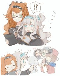 !? 4girls ? ?? blue_eyes blush braid brown_hair glasses green_eyes grey_hair heart highres hug matilda_bouanich multiple_girls nelizx orange_hair regulus_(reverse:1999) reverse:1999 schneider_(reverse:1999) school_uniform side_ponytail sonetto_(reverse:1999) sweatdrop vertin_(reverse:1999) white_background yuri