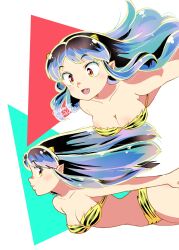 01angelegg 1girl 2023 :d animal_print black_hair blue_hair bra breasts cleavage collarbone fang floating_hair highres horns lum medium_breasts multicolored_hair open_mouth panties pointy_ears print_bra print_panties shiny_skin short_hair smile solo strapless strapless_bra striped_bra striped_clothes striped_panties tiger_print underwear underwear_only urusei_yatsura watermark yellow_bra yellow_eyes yellow_panties
