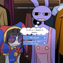 1boy 1girl ad animal_ears black_hair blush closet colored_sclera colored_teeth english_text frown hat highres jax_(the_amazing_digital_circus) jester jester_cap jester_costume multicolored_eyes nervous_sweating overalls pom_pom_(clothes) pomni_(the_amazing_digital_circus) rabbit_ears scene_reference seven_minutes_in_heaven sweat teeth the_amazing_digital_circus twitter_username wide-eyed yellow_sclera yellow_teeth yess_katfly