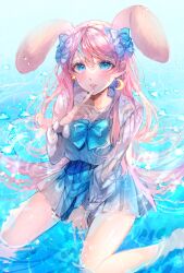 1girl animal_ears blue_bow blue_eyes blue_skirt blush bow breasts collared_shirt hair_between_eyes hair_bow hair_ornament highres long_hair long_sleeves looking_at_viewer mira_hidume open_mouth original parted_lips pink_hair pleated_skirt school_uniform shirt skirt smile solo teeth water white_shirt