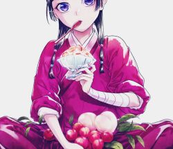1girl bandaged_arm bandages beads black_hair chinese_clothes food fruit hair_beads hair_ornament hanfu ice_cream kusuriya_no_hitorigoto looking_at_viewer maomao_(kusuriya_no_hitorigoto) nekokurage_(gen&#039;eikai_tsuushin) peach pink_hanfu plum purple_eyes solo spoon utensil_in_mouth white_background