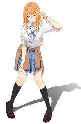1girl absurdres black_socks blue_ribbon blue_skirt blush breast_pocket brown_cardigan brown_shoes cardigan cardigan_around_waist clothes_around_waist collared_shirt commentary_request full_body gakuen_idolmaster green_eyes grin gyaru highres idolmaster kneehighs knees kogal loafers long_hair looking_at_viewer mole mole_under_eye neck_ribbon one_eye_closed orange_hair pocket puriketsu_corgy ribbon school_uniform shirt shiun_sumika shoes simple_background skirt smile socks solo standing teeth v white_background white_shirt