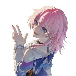 black_choker black_overskirt blue_eyes blue_jacket blue_skirt breasts buttons chinese_commentary choker commentary_request flower_ornament from_behind gradient_clothes gradient_jacket hand_up highres honkai:_star_rail honkai_(series) jacket long_sleeves looking_up march_7th_(honkai:_star_rail) march_7th_(preservation)_(honkai:_star_rail) medium_breasts medium_hair multicolored_eyes off-shoulder_jacket off_shoulder open_mouth partial_commentary pink_eyes pink_hair pink_jacket qiandiaoyijue shirt simple_background skirt smile two-tone_eyes w white_background white_shirt