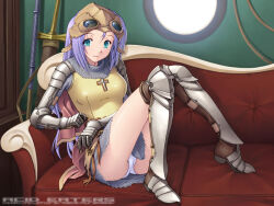1girl 2000s_(style) armor armored_boots armored_skirt blue_eyes blush boots breastplate brown_cape brown_socks cameltoe cape chainmail circle_name clothes_between_thighs commentary_request couch cross full_body game_available gauntlets goggles goggles_on_head greaves helmet indoors kazuma_muramasa knight knight_(ragnarok_online) latin_cross long_hair looking_at_viewer open_mouth panties pauldrons polearm purple_hair ragnarok_online scabbard sheath shoulder_armor sitting smile socks solo spear underwear variant_set watermark weapon web_address white_panties