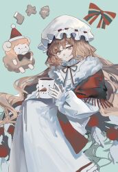 1girl absurdres blue_background bochishiraita bow bowtie christmas_nightmare_(e.g.o) cup dress e.g.o_(project_moon) freckles full_body fur-trimmed_shawl fur_trim green_eyes hat highres holding holding_cup ishmael_(project_moon) limbus_company long_hair looking_at_viewer mob_cap orange_hair project_moon red_shawl shawl simple_background sitting solo stuffed_animal stuffed_sheep stuffed_toy very_long_hair white_dress white_hat
