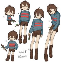 Rule 34 | 1other, ahoge, blue eyes, boots, brown boots, brown hair, brown shorts, character name, chibi, closed mouth, double horizontal stripe, frisk (undertale), full body, mei (tuboishi), multiple views, open mouth, other focus, short hair, shorts, smile, solo, teeth, twitter username, undertale, upper teeth only