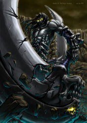 1boy armored_gloves artofdpi black_hair darksiders death_(darksiders) dual_wielding gloves glowing glowing_eyes highres holding mask medium_hair muscular muscular_male pale_skin scythe skull_mask weapon yellow_eyes