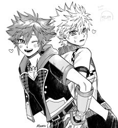 2boys back-to-back blush chain chain_necklace fingerless_gloves gloves heart highres hood hooded_coat jewelry kingdom_hearts male_focus moomusapi multiple_boys necklace one_eye_closed open_mouth roxas short_hair smile sora_(kingdom_hearts) spiked_hair sweatdrop