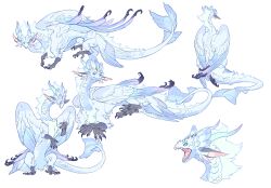 animal_ears beak black_claws blue_eyes blue_horns claws crossed_arms dragon dragon_horns feathered_dragon feathered_wings feathers fluffy from_behind from_side full_body highres horns mane monster monster_focus multiple_views no_humans open_mouth original rearing shina_ppp simple_background tail talons western_dragon white_background white_feathers wings