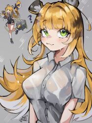 1girl absurdres animal_ear_fluff animal_ears blonde_hair breasts colored_inner_hair furry ghoulmommie green_eyes highres ju_fufu large_breasts long_hair looking_at_viewer multicolored_hair official_art_inset shirt simple_background solo tail tiger_ears tiger_girl wet white_hair zenless_zone_zero