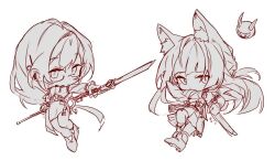 2girls animal_ears bb37722338 blunt_bangs chibi closed_mouth expressionless fox_ears fox_girl full_body glasses hair_between_eyes high-waist_skirt holding holding_polearm holding_sword holding_weapon hoshimi_miyabi katana long_hair looking_at_viewer multiple_girls pencil_skirt polearm sidelocks simple_background skirt sword tailless_(zenless_zone_zero) tsukishiro_yanagi weapon white_background zenless_zone_zero