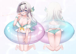 Rule 34 | 1girl, absurdres, alternate costume, aqua bikini, bead bracelet, beads, bikini, black hairband, blue pupils, blush, bracelet, firefly (honkai: star rail), frilled bikini top, gradient eyes, gradient hair, grey hair, hair between eyes, hair intakes, hair ornament, hairband, highres, holding tube, honkai: star rail, honkai (series), jewelry, long hair, multicolored eyes, multicolored hair, nail polish, oguraponti, open mouth, simple background, smile, solo, swimsuit, tube, white background