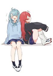 +++ 2girls ahoge black_socks black_sweater blue_bow blue_bowtie blue_hair blue_skirt blue_sweater blush bow bowtie braid closed_eyes closed_mouth collared_shirt fangs full_body hair_ornament hairclip highres long_hair loose_socks medium_hair multicolored_hair multiple_girls nekota_tsuna open_mouth orange_hair red_hair shiranami_ramune shirt shoes simple_background sitting skirt sleeves_past_fingers sleeves_past_wrists socks streaked_hair sweater two-tone_hair unimaru_go uwabaki virtual_youtuber vspo! white_background white_hair white_shirt white_socks zzz