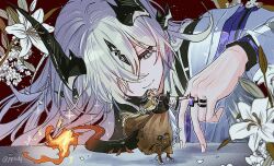 Rule 34 | 2girls, adversarial noise, arknights, blonde hair, brown background, brown skirt, commentary, dragon girl, dragon horns, dragon tail, dress, english commentary, finger walking, fire, flame-tipped tail, flower, full body, green eyes, highres, horns, jewelry, lily (flower), long sleeves, looking at another, mini person, minigirl, multiple girls, necrass (arknights), ppxdq, reed (arknights), reed the flame shadow (arknights), ring, siblings, simple background, sisters, skirt, smile, sparkle, tail, twitter username, white dress, white flower