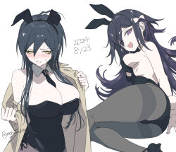 2girls ahoge animal_ear_hairband animal_ears ass bare_shoulders between_breasts black_hair black_leotard black_necktie blush breasts cleavage commentary covered_navel danganronpa_(series) danganronpa_v3:_killing_harmony dated detached_collar embarrassed eyelashes fake_animal_ears flipped_hair genderswap genderswap_(mtf) hair_between_eyes hairband highres large_breasts leotard long_hair looking_at_viewer looking_to_the_side medium_breasts mokemokeeeee multiple_girls necktie necktie_between_breasts oma_kokichi open_mouth pantyhose playboy_bunny purple_eyes purple_hair rabbit_ear_hairband rabbit_ears rabbit_tail removing_jacket saihara_shuichi sideboob simple_background tail twitter_username very_long_hair white_background yellow_eyes