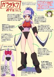 1girl absurdres alternate_universe armor armored_leotard ass blue_hair blush breastplate breasts doublas_m2 female_focus fumiki_rikiya garada_k7 hand_on_own_hip hat highleg highleg_leotard highres large_breasts leotard long_hair looking_at_viewer mecha open_mouth ponytail red_eyes robot robot_girls_z shiny_skin simple_background smile standing thighs thong_leotard translation_request wide_hips yellow_background