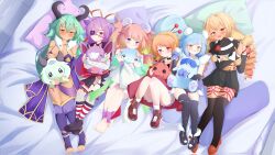 6+girls absurdres aged_down animal_ears arm_wrap azura_dulait bear_ears bear_girl black_horns black_shoes black_skirt black_thighhighs bleating_heart_(azura_dulait) blonde_hair blue_hair breasts broken_heart brown_eyes buruii_tte closed_mouth corrupted_twitter_file drill_hair fishnet_thighhighs fishnets goat_horns gradient_hair green_hair hair_between_eyes hair_ornament hair_stick heart high_heels highres holding horizontal_pupils horns icey_snowpaws immy_bisou jewelry long_hair lop_rabbit_ears mercy_modiste multicolored_hair multiple_girls on_bed orange_hair pillow pink_hair purple_eyes purple_hair rabbit_ears red_eyes red_shoes reefling_(stronny_cuttles) scissors_hair_ornament shibari shibi_cottonbum shoes shoulder_tattoo skirt snowbearies_(icey_snowpaws) stirrup_legwear stronny_cuttles symbol-shaped_pupils tan tattoo thighhighs toe_ring toeless_legwear vallure virtual_youtuber