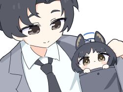 1boy 1girl :&lt; animal_ears black_hair black_necktie blue_archive blue_archive_the_animation blue_halo blush_stickers brown_eyes chibi closed_mouth collared_shirt commentary_request formal_clothes grey_suit halo in_pocket kikyou_(blue_archive) looking_at_another looking_at_viewer male_focus necktie pocket sensei_(blue_archive) sensei_(blue_archive_the_animation) shirt short_hair simple_background smile suit umihio upper_body white_background white_shirt