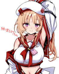 1girl armpits beret black_panties blonde_hair blush bow breasts collarbone commentary_request crop_top first_stage_production hair_ornament hairclip hat highleg highleg_panties highres hinomiya_himari hirowa_nagi jacket logo long_hair looking_at_viewer medium_breasts miniskirt navel open_clothes open_jacket panties parallel_hairclips pink_eyes presenting_armpit red_bow red_sailor_collar red_trim sailor_collar shirt side_ponytail simple_background skirt smile solo steaming_body striped_bow sweat translated underwear very_sweaty virtual_youtuber white_background white_hat white_jacket white_shirt white_skirt