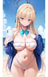 1girl alternate_costume aqua_bow aqua_bowtie beach bikini blue_archive blue_eyes blue_halo blue_jacket blue_sky blush bow bowtie breasts cellphone cleavage closed_mouth cowboy_shot day gluteal_fold halo highres holding holding_phone jacket large_breasts long_hair long_sleeves looking_at_viewer navel nipples ocean official_alternate_hairstyle oni-noboru open_clothes open_jacket outdoors paid_reward_available phone sideboob sky smartphone solo stomach swimsuit toki_(blue_archive) underboob water wet white_bikini