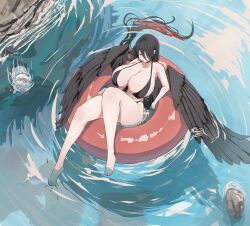 1boy 1girl armpits bare_arms bare_legs bare_shoulders barefoot bikini black_bikini black_hair black_wings blue_archive breasts cleavage collarbone doodle_sensei_(blue_archive) feathered_wings fish front-tie_bikini_top front-tie_top hair_bun hasumi_(blue_archive) hasumi_(swimsuit)_(blue_archive) highres hth5k huge_breasts innertube long_hair low_wings multicolored_hair ocean official_alternate_costume official_alternate_hairstyle red_eyes red_innertube reflection reflective_water rock sensei_(blue_archive) side-tie_bikini_bottom side_ponytail swim_ring swimming swimsuit very_long_hair water wings