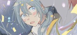 2boys 37l53 amagi_rinne blue_eyes blush chain chain_necklace commentary confetti dated double-parted_bangs ensemble_stars! grey_background grey_hair hair_between_eyes hair_over_shoulder jewelry male_focus motion_blur multiple_boys necklace open_mouth out_of_frame ponytail raised_eyebrows shiina_niki shirt short_ponytail sideways_glance signature solo_focus surprised sweat white_shirt wide-eyed