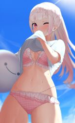 1girl absurdres amatou_(ko_me_9) ball beachball bikini blue_sky blunt_bangs blush breasts clothes_lift day frilled_bikini frills gradient_hair highres large_breasts long_hair looking_at_viewer multi-strapped_bikini_top multicolored_hair navel nijisanji official_alternate_costume one_eye_closed pink_bikini pink_eyes pink_hair plaid_bikini plaid_clothes ponytail shiina_yuika shiina_yuika_(6th_costume) shirt shirt_lift short_sleeves sky solo stomach sun swimsuit t-shirt virtual_youtuber wet white_hair white_shirt wiping