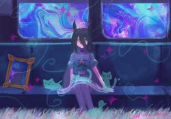 1girl ahoge animal_ears bow bowtie cat chair closed_mouth crossed_bangs ear_tag earrings frilled_sleeves frills grass grey_hair hair_between_eyes highres horse_ears horse_girl jewelry long_bangs long_hair long_hair_between_eyes looking_at_viewer manhattan_cafe_(umamusume) multicolored_hair pleated_skirt puffy_short_sleeves puffy_sleeves purple_bow purple_bowtie purple_sailor_collar purple_thighhighs sailor_collar school_uniform short_sleeves single_earring sitting skirt smile solo star_(symbol) sunday_silence_(racehorse) swirl thighhighs tracen_school_uniform train_interior uma_41se umamusume very_long_hair white_skirt wind yellow_eyes