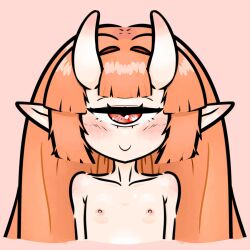 1girl 2025 blush cecilia_rosenkreutz coss_8 flat_chest highres horns indie_virtual_youtuber loli one-eyed oni_girl orange_hair pink_background red_eyes smile solo