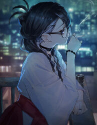 Rule 34 | 1girl, absurdres, bead bracelet, beads, black hair, blurry, bracelet, braid, cigarette, closed mouth, commentary request, ear piercing, from side, fuyuno yuuki, glasses, hair ornament, hairpin, hakama, highres, holding, holding cigarette, japanese clothes, jewelry, kagurasaka mei (fuyuno yuuki), kimono, long hair, miko, mole, mole under eye, original, piercing, purple eyes, red hakama, ring, solo, twin braids, upper body, white kimono