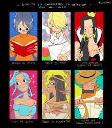 2boys 4girls aqua_hair blue_eyeshadow blue_hair boa_hancock book cesel character_name commentary crown curly_eyebrows earrings english_commentary extra_arms eyeshadow facial_hair glasses goatee green_hair hair_over_one_eye hana_hana_no_mi hat high_collar highres holding holding_book jewelry long_hair makeup multiple_boys multiple_drawing_challenge multiple_girls nefertari_vivi nico_robin notice_lines one_piece orange_sweater ponytail roronoa_zoro sanji_(one_piece) short_hair sidelocks smile snake_earrings sparkle sweater tashigi turtleneck turtleneck_sweater twitter_username upper_body