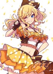 1girl ;d absurdres black_gloves blonde_hair blue_eyes blush breasts cleavage collarbone commentary confetti cropped_shirt fingerless_gloves frilled_shirt_collar frills gloves grk_11601 hand_on_own_hip heart highres idolmaster idolmaster_cinderella_girls index_finger_raised layered_skirt long_hair looking_at_viewer midriff navel off-shoulder_shirt off_shoulder ohtsuki_yui one_eye_closed one_side_up open_mouth pleated_skirt shirt skirt smile solo very_long_hair watermark yellow_skirt