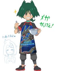 1girl absurdres alternate_color apron black_hair blush bowl bracelet closed_eyes closed_mouth cowlick gen_3_pokemon green_hair grey_pants hair_ornament hairclip highres holding holding_bowl holding_whisk jewelry legendary_pokemon liko_(pokemon) multicolored_hair nintendo pants pokemoa pokemon pokemon_(anime) pokemon_horizons rayquaza shiny_pokemon shirt short_sleeves smile teeth ult_(pokemon) whisk