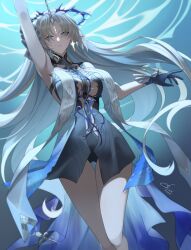 1girl absurdres arm_up black_dress blonde_hair blue_eyes blue_hair blue_hands breasts center_opening colored_inner_hair commentary cowboy_shot crown_of_thorns dress fleurdelys_(wuthering_waves) hair_spread_out hashtag-only_commentary highres i_a_n large_breasts long_hair looking_at_viewer multicolored_hair parted_lips pointy_ears sketch solo tabard very_long_hair white_tabard wuthering_waves
