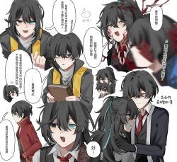 Rule 34 | 2boys, bags under eyes, black eyes, black gloves, black hair, blade lineage (identity) (project moon), blood, blood in hair, blue eyes, blurry, book, chain, chain necklace, chinese text, coat, collar, dieci association south uniform, double-parted bangs, gloves, hair between eyes, hair over eyes, hair ribbon, half-closed eyes, hand on another&#039;s shoulder, heterochromia, highres, holding, holding book, hong lu (project moon), index finger raised, jewelry, limbus company, looking at viewer, multiple boys, multiple views, necklace, project moon, red coat, ribbon, scar, scar on face, scarf, smile, speech bubble, w corp. (identity) (project moon), white background, white collar, wuzinan19, yellow scarf, yi sang (project moon)