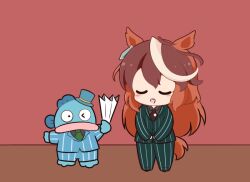 1girl :d animal_ears blush brown_hair brown_necktie closed_eyes commentary full_body gomashio_(goma_feet) green_jacket green_pants hangyodon horse_ears horse_girl horse_tail jacket long_hair long_sleeves multicolored_hair necktie open_mouth orange_hair pants red_background sanrio smile standing striped_clothes striped_jacket striped_pants symboli_rudolf_(umamusume) tail umamusume very_long_hair white_hair