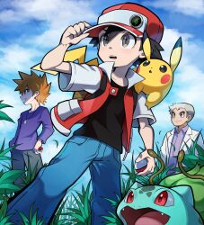 Rule 34 | 3boys, black hair, black shirt, blue oak, blue pants, blue sky, brown hair, bulbasaur, gen 1 pokemon, grass, hat, highres, holding, holding poke ball, hyou (hyouga617), jacket, jewelry, long sleeves, male focus, multiple boys, necklace, nintendo, on shoulder, outdoors, pants, pikachu, poke ball, pokemon, pokemon (creature), pokemon lgpe, pokemon on shoulder, professor oak, purple shirt, red (pokemon), red hat, red jacket, shirt, short sleeves, sky